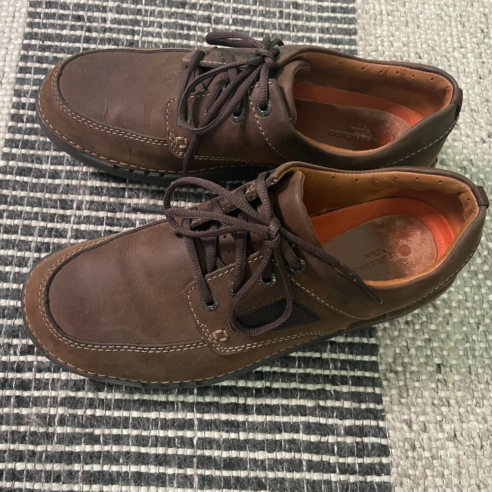 Clarks Unstructured Brawley Mens Sz 11 Shoes Brown Leather Lace Up Moc Toe Derby
